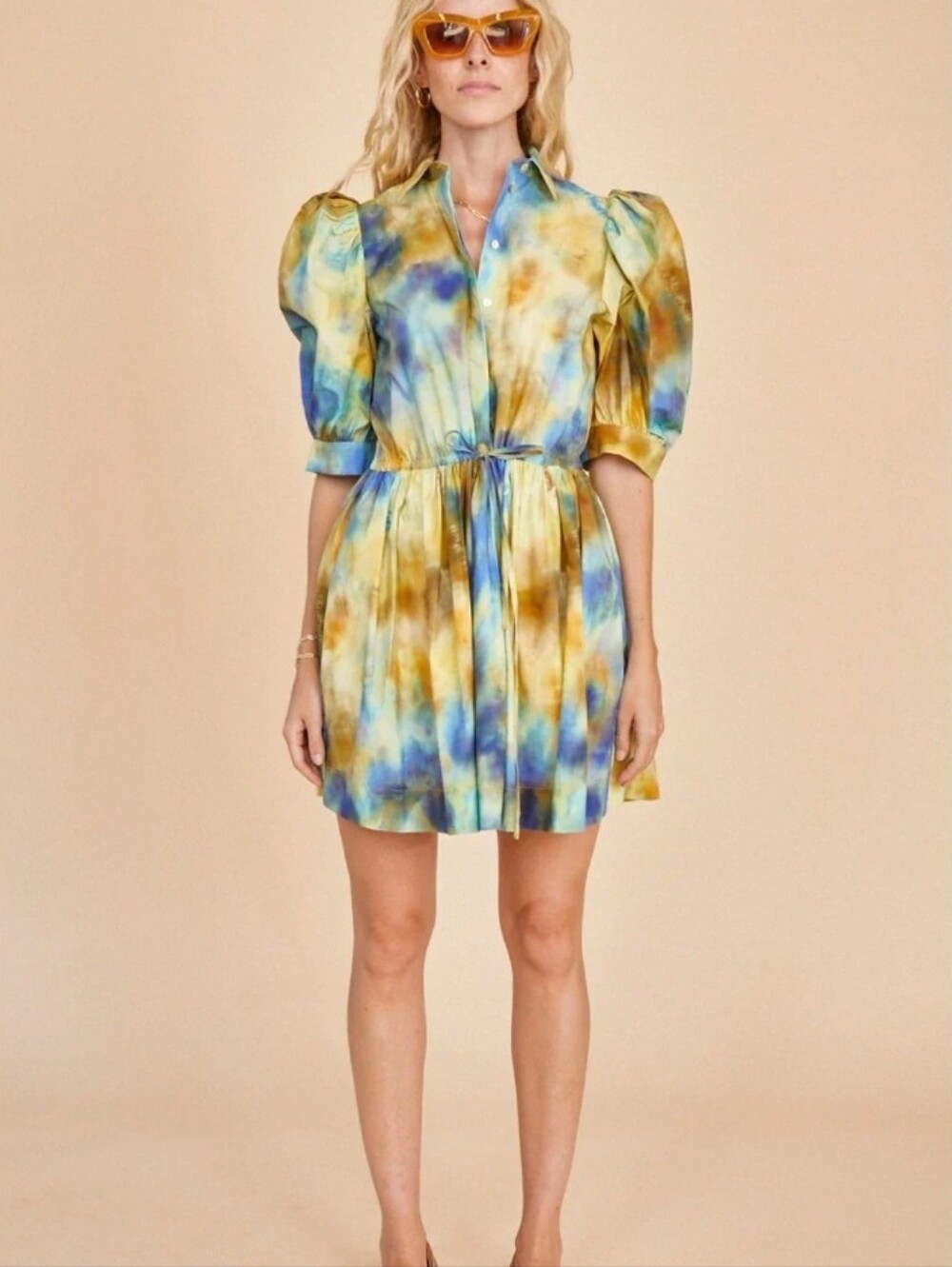 Hunter Bell Blue Yellow Tie Dye Puff Short Sleeve Tie Waist McCauley Dress M